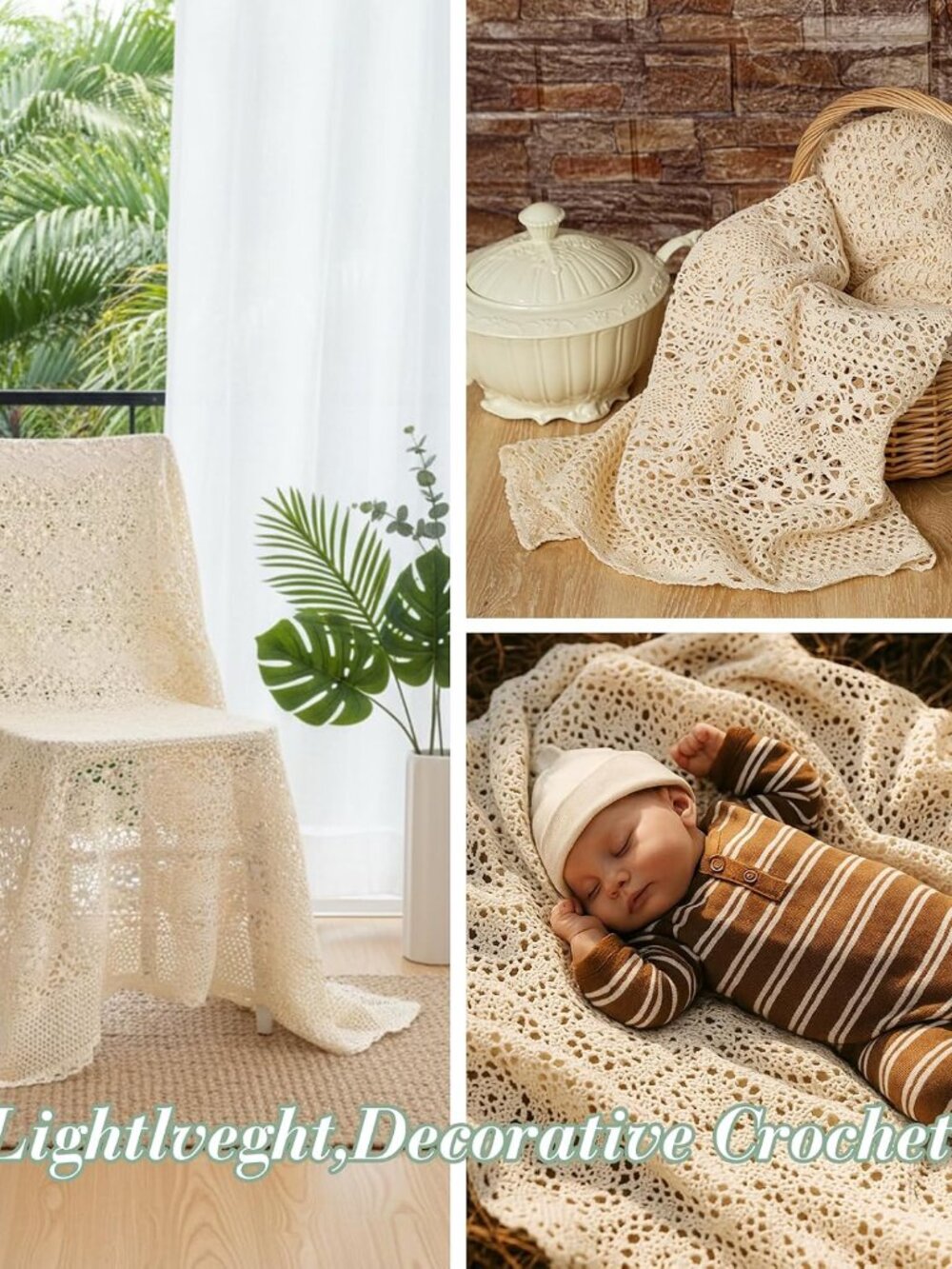 Boho Throw Blanket 50"X60" Vintage 100% Handmade Crochet Cotton Throw Blankets, View 4